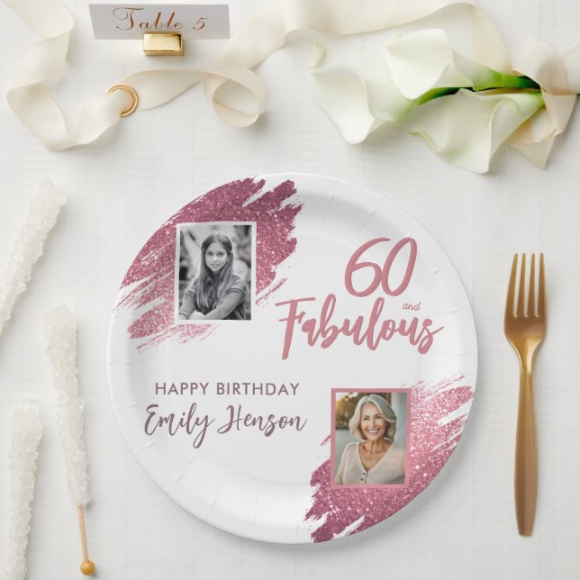60 and Fabulous Pink Glitter 2 Photo 60th Birthday Paper Plate (Wedding)