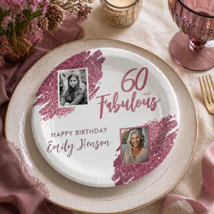 60 and Fabulous Pink Glitter 2 Photo 60th Birthday Paper Plate