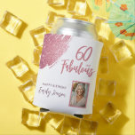 60 and Fabulous Pink Glitter Photo 60th Birthday Can Cooler<br><div class="desc">60 and Fabulous Pink Glitter Photo Surprise 60th Birthday Can Cooler. Stunning personalized cooler with “60 and Fabulous” text and pink glitter design. Featuring sparkly faux-glitter brush strokes, and space for a personal photo, this elegant design is perfect for honouring a fabulous woman’s milestone birthday. Fully customizable to include a...</div>