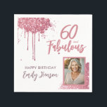 60 and Fabulous Pink Glitter Photo 60th Birthday Napkin<br><div class="desc">60 and Fabulous Pink Glitter Photo Surprise 60th Birthday Party Napkins. Throw a stunning celebration with these “60 and Fabulous” pink glitter birthday napkins. Featuring sparkly faux-glitter brush strokes, and space for a personal photo, this elegant design is perfect for honouring a fabulous woman’s milestone birthday. Fully customizable to include...</div>
