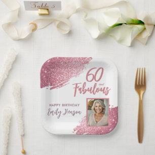 60 and Fabulous Pink Glitter Photo 60th Birthday Paper Plate