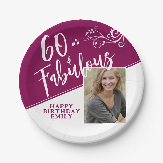 60 and Fabulous Script Photo Magenta 60th Birthday Paper Plate (Front)