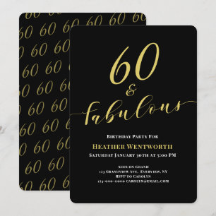 60 and Fabulous Sixtieth B-day Gold Black Script Invitation