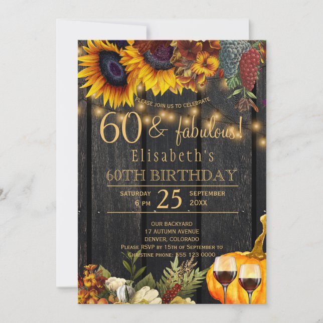 60 and fabulous years rustic floral fall birthday invitation (Front)