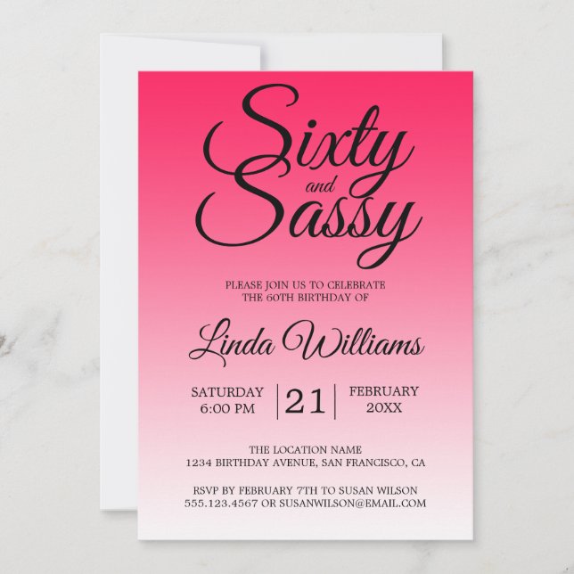 60 and Sassy Diva Pink Ombre 60th Birthday Invitation (Front)