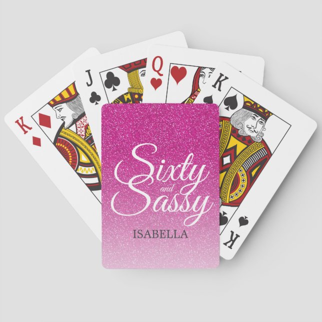 60 and Sassy Hot Pink Glitter Ombre Name Monogram Playing Cards (Back)