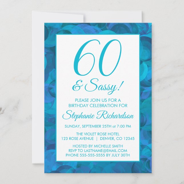 60 and Sassy Ocean Blue Teal Birthday Party Invitation (Front)