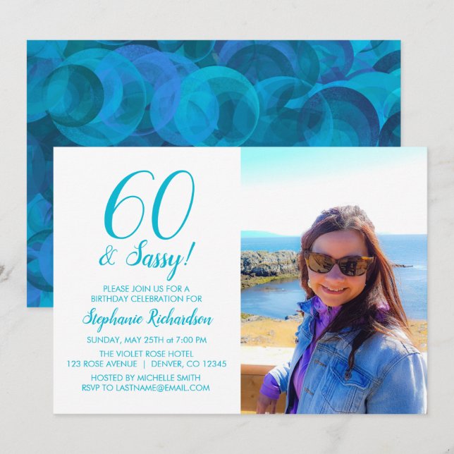 60 and Sassy Ocean Blue Teal Name Photo Birthday Invitation (Front/Back)