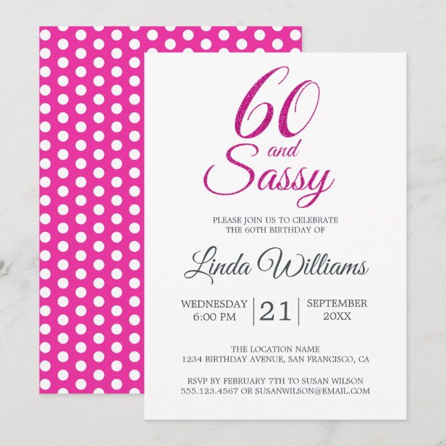 60 and Sassy Pink Glitter 60th Birthday Party Invitation (Front/Back)