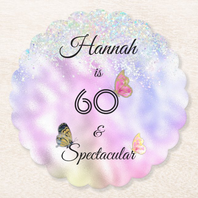 60 and Spectacular Glittery Butterflies Birthday   Paper Coaster (Front)