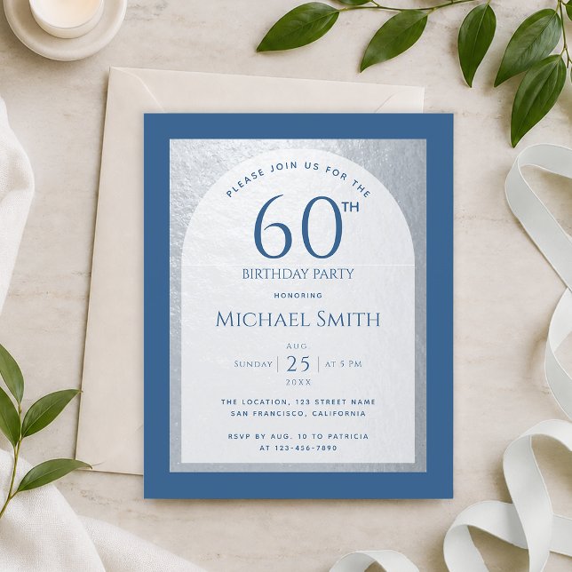 60 Birthday Budget Silver Classic Blue Invitation (Creator Uploaded)