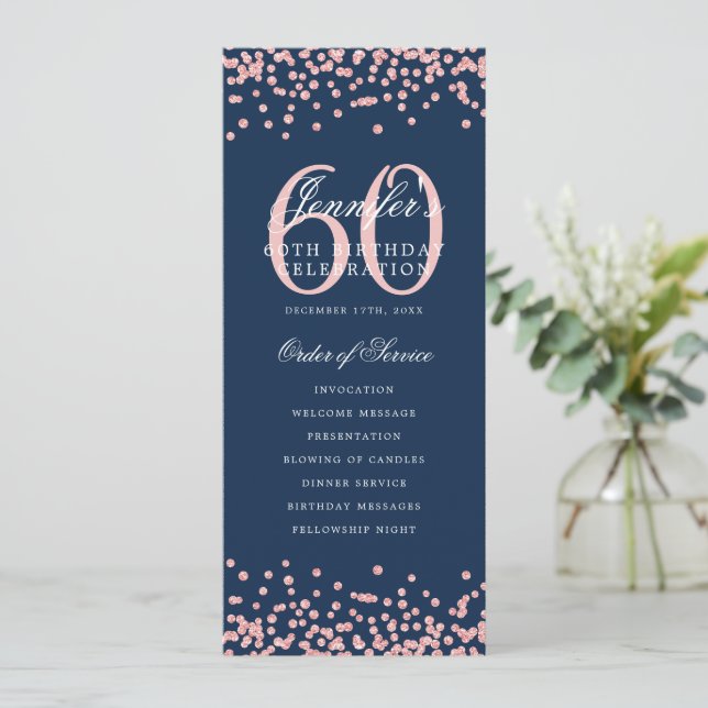 60 Birthday Program Menu Thanks Rose Gold Navy Blu (Standing Front)