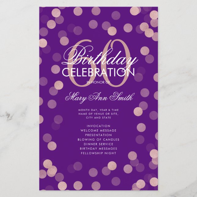 60 Birthday Program Rose Gold Confetti Menu Purple (Front)