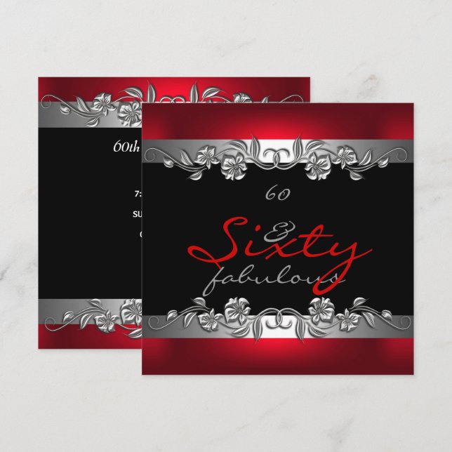 60 Fabulous 60th Birthday Party Silver Red Invitation (Front/Back)