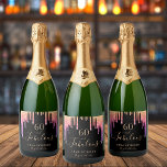 60 fabulous birthday black pink glitter drips name sparkling wine label<br><div class="desc">A trendy and elegant 60th birthday wine label. A classic black background decorated with rainbow coloured faux gold glitter drips, paint dripping look in purple, pink and gold. With the text: 60 and fabulous. Personalize and add a name and a date. Date of birth or the date of the party....</div>