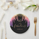 60 fabulous birthday black pink glitter drips paper plate<br><div class="desc">A trendy and glamourous 60th birthday paper plate. A classic black background decorated with rainbow coloured faux glitter drips, paint dripping look in purple, pink and gold. With the text: 60 and fabulous. Personalize and add a name. Golden coloured text. The word Fabulous is written with a modern hand lettered...</div>