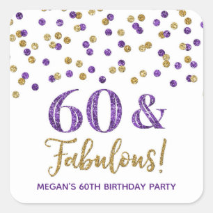 60 & Fabulous Birthday Black Purple Confetti Square Sticker