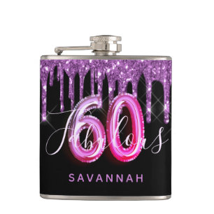 60 Fabulous birthday black purple glitter script Hip Flask