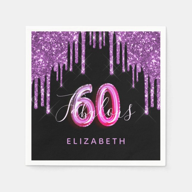 60 Fabulous birthday black purple glitter sparkle Napkin (Front)