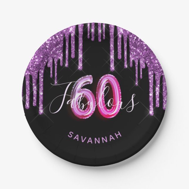 60 Fabulous birthday black purple glitter sparkle Paper Plate (Front)