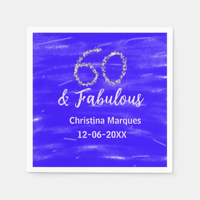 60 & fabulous birthday blue silver add name date napkin (Front)