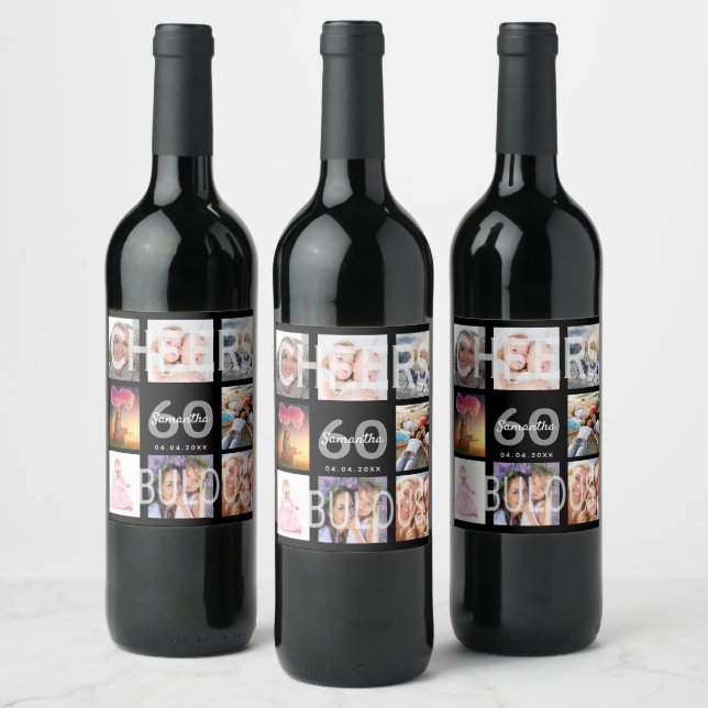 60 & fabulous birthday custom photo collage black wine label (Bottles)