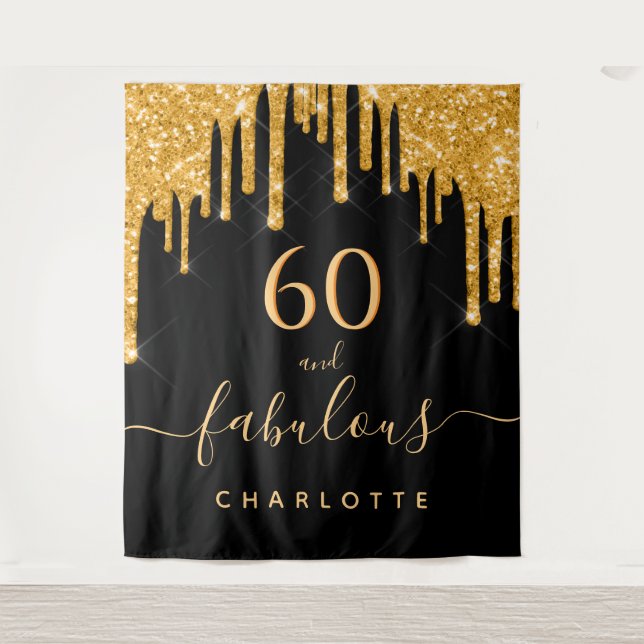 60 fabulous birthday glitter black gold sparkle tapestry (Front)