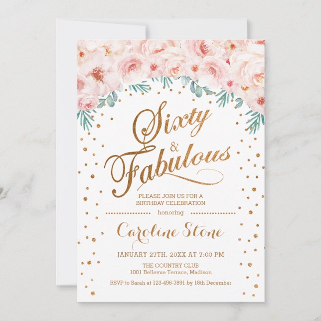 60 Fabulous Birthday Party - White Gold Pink Invitation (Front)