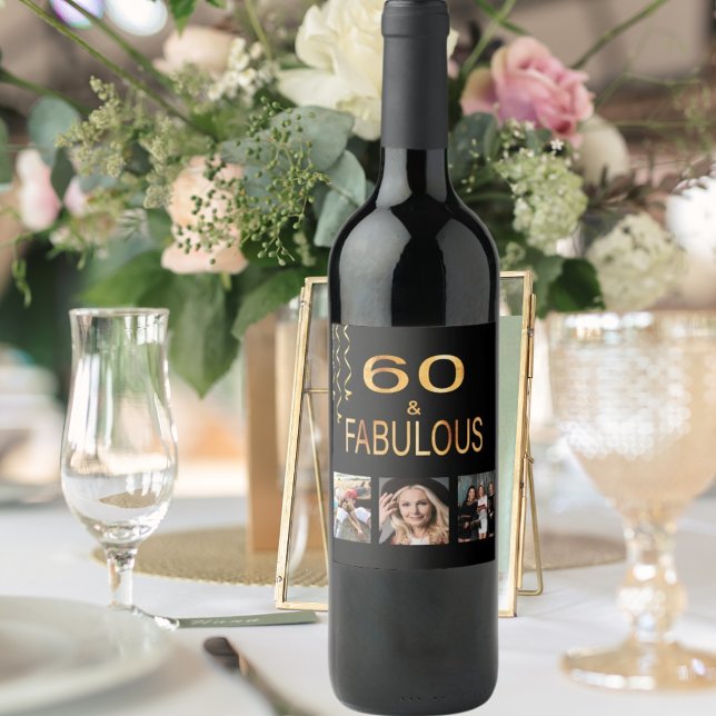 60 fabulous birthday photo collage black gold wine label (Creator Uploaded)
