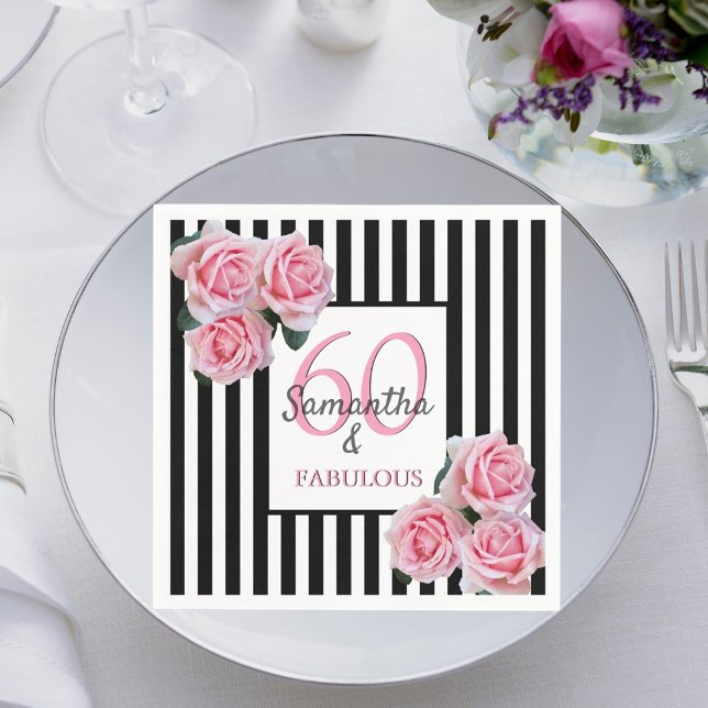 60 fabulous birthday pink black white stripes napkin (Creator Uploaded)