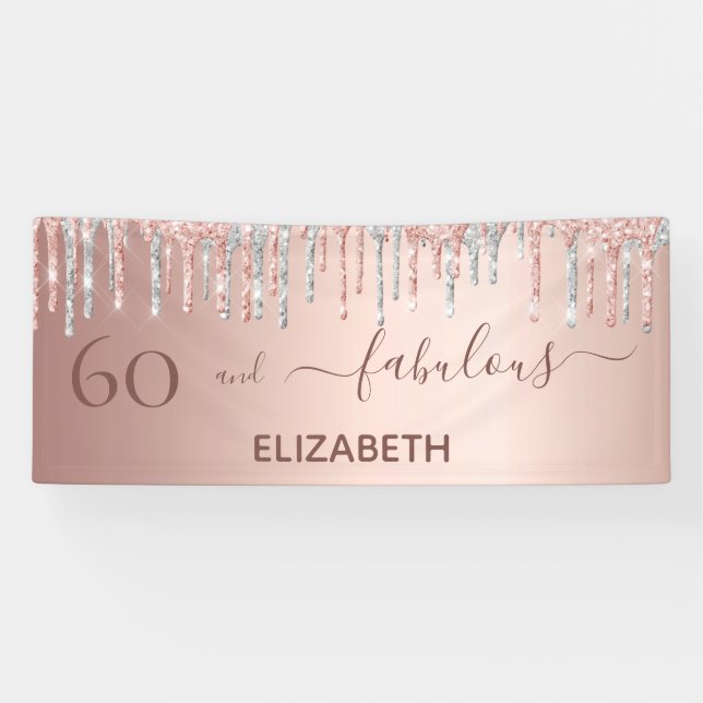 60 Fabulous birthday rose gold glitter silver name Banner (Horizontal)