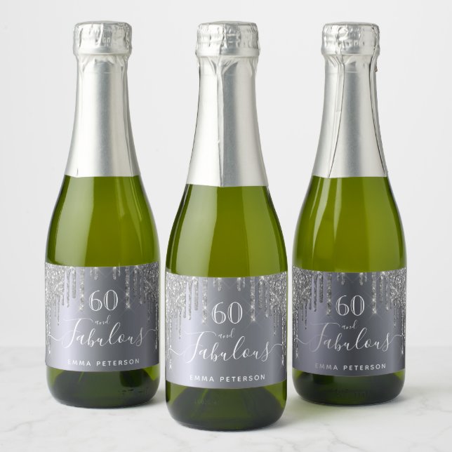 60 fabulous birthday Silver glitter Sparkling Wine Label (Bottles)