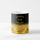 60 fabulous black gold bow name coffee mug<br><div class="desc">Elegant,  classic,  glamourous and feminine.  A faux gold coloured bow and ribbon.  Black background. Templates for her name. The age 60 and text: Fabulous.  Curved text and golden letters</div>