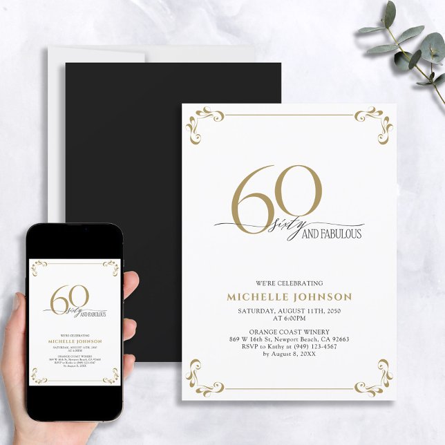 60 & Fabulous Black White & Gold Birthday Invitation (Creator Uploaded)