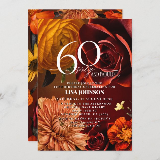 60 & Fabulous Dark Moody Sunset Colours Floral Invitation (Front/Back)