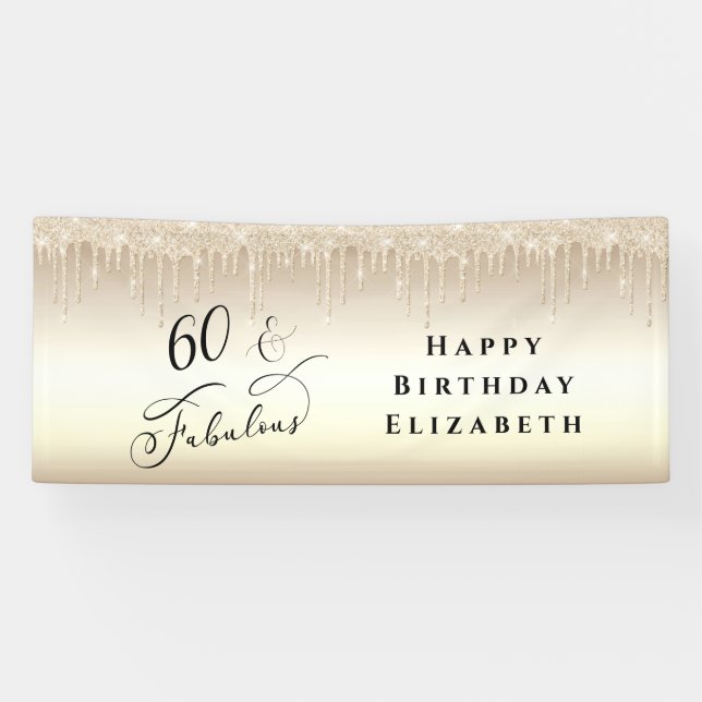 60 Fabulous Glitter Champagne Gold Birthday Party Banner (Horizontal)