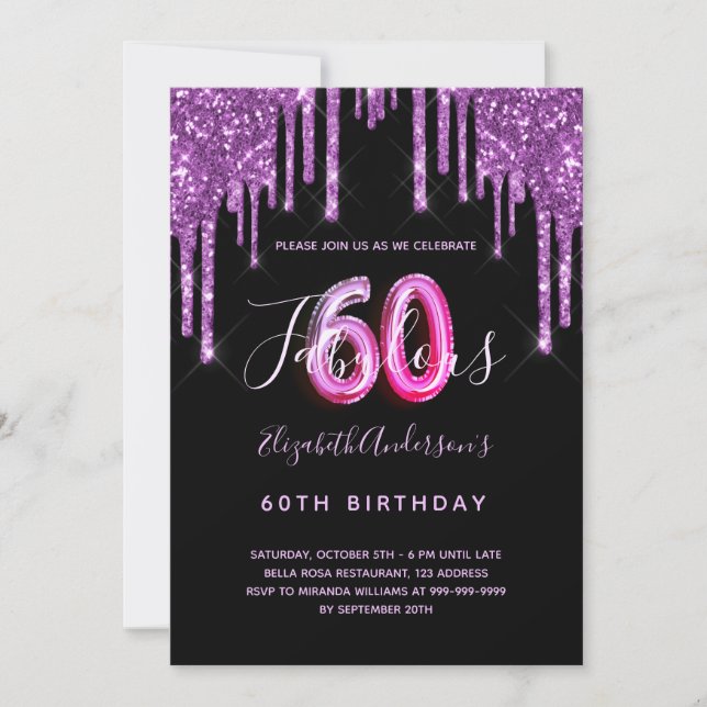 60 & Fabulous glitter dripping black purple glam Invitation (Front)
