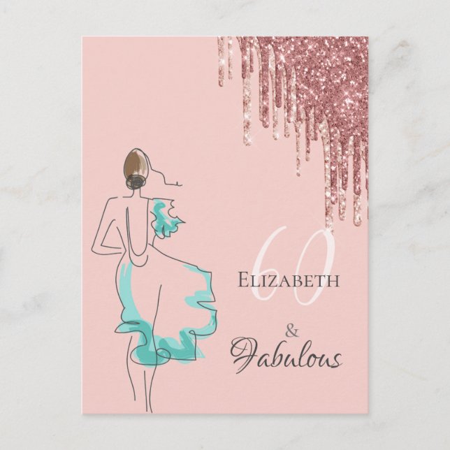60 & fabulous party rose gold glitter invitation postcard (Front)