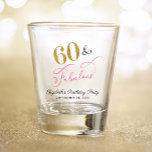 60 Fabulous Pink Gold 60th Birthday Party Favour Shot Glass<br><div class="desc">Elegant and chic 60th birthday party shot glass. "60 & Fabulous" is written in a stylish gold,  pink and black script. Personalize with her name and the party date.</div>