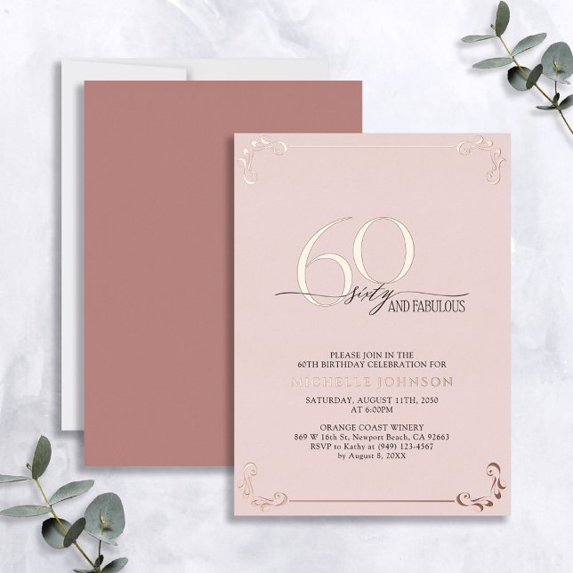 60 & Fabulous Pink Rose Gold Calligraphy Birthday  (Creator Uploaded)
