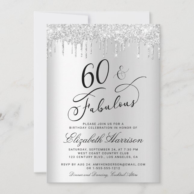 60 Fabulous Silver Glitter Birthday Party Invitation (Front)