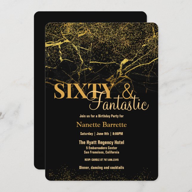 60 & Fantastic Gold/Black Marble Elegant Birthday  Invitation (Front/Back)