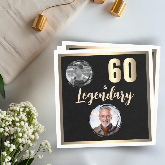 60 & Legendary 2 Photos 60th Birthday Gold Napkin (Creator Uploaded)