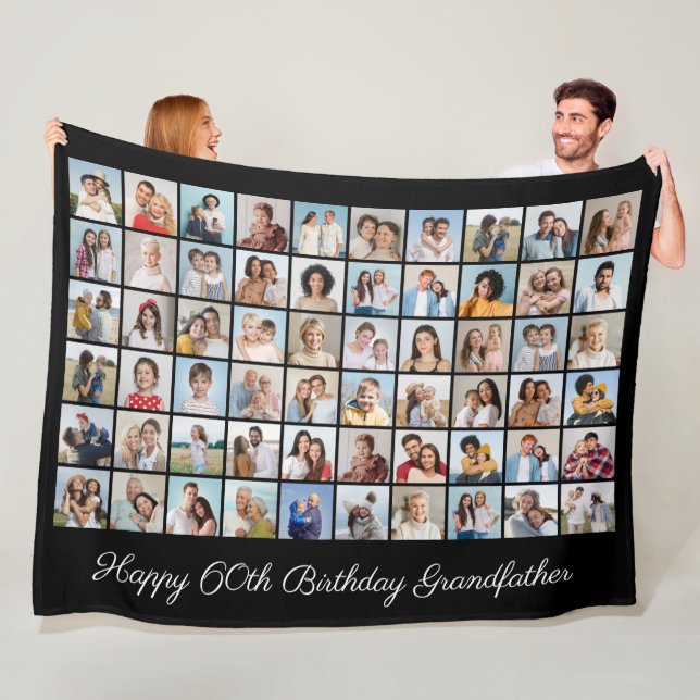 60 Photo Collage Add Any Name & Age Birthday Fleece Blanket (In Situ)
