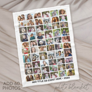 60 Photo Collage Grid - Custom Text - White Fleece Blanket