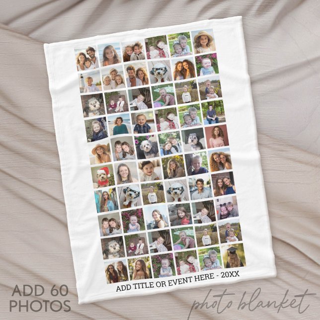 60 Photo Collage Grid - Custom Text - White Fleece Blanket (Custom Fleece Blanket with Photo Collage)
