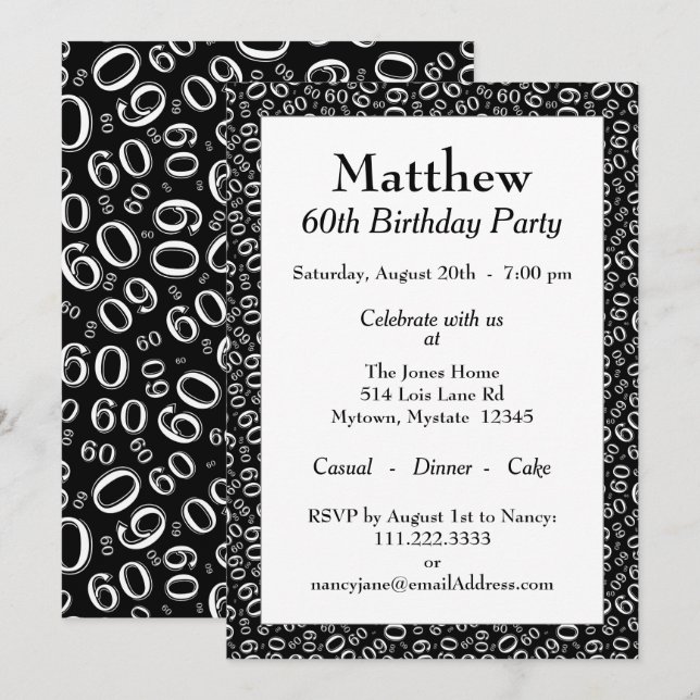 60 Random Number Pattern Black/White 60th Invitation (Front/Back)