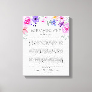 60 reasons why we love you purple pink floral canvas print