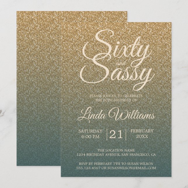 60 Sassy Gold Emerald Ombre 60th Birthday Party Invitation (Front/Back)