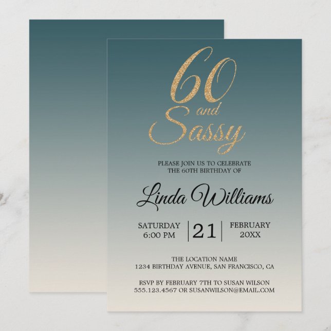 60 Sassy Gold Emerald Ombre 60th Birthday Party Invitation (Front/Back)